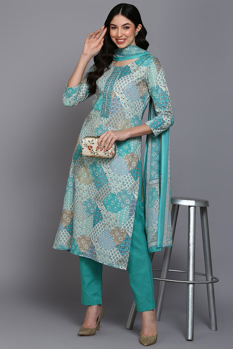 Cotton Aqua Green Printed Straight Kurta Pant With Dupatta VKSKD1862