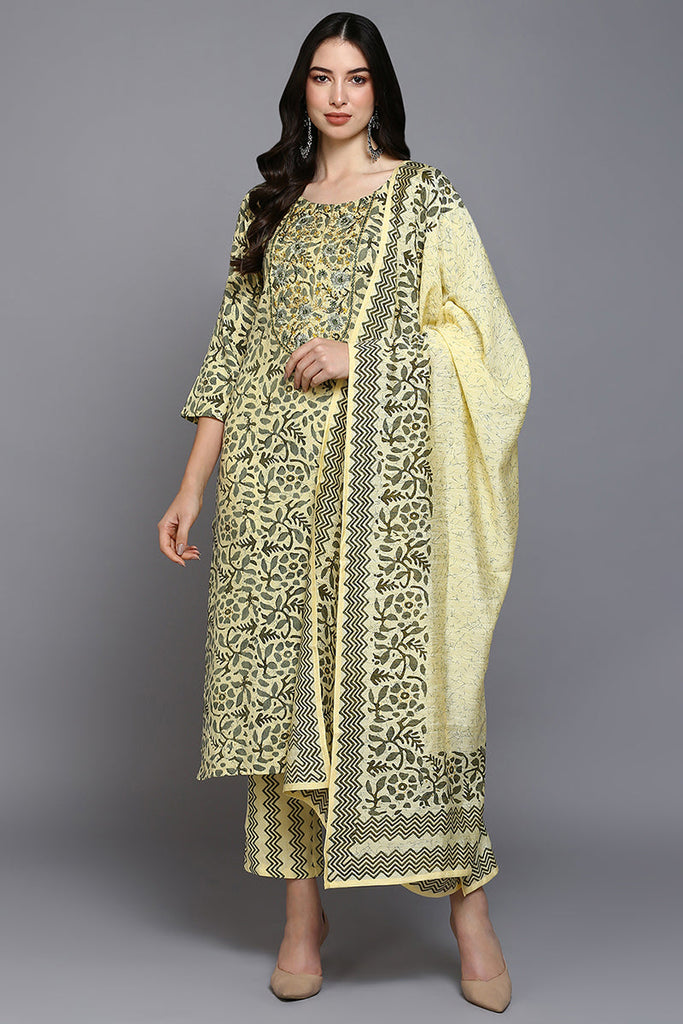 Yellow Silk Blend Floral Straight Suit Set VKSKD1865