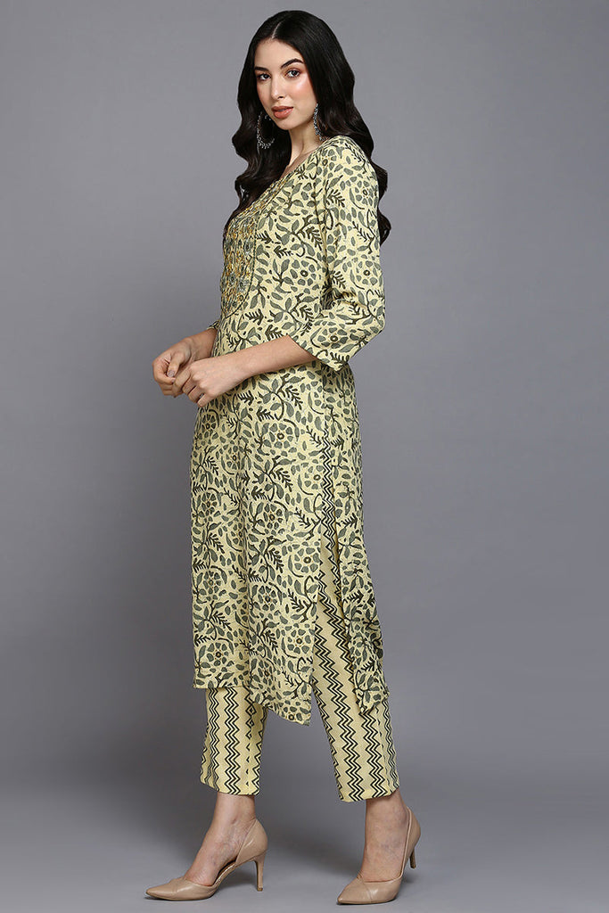 Yellow Silk Blend Floral Straight Suit Set VKSKD1865