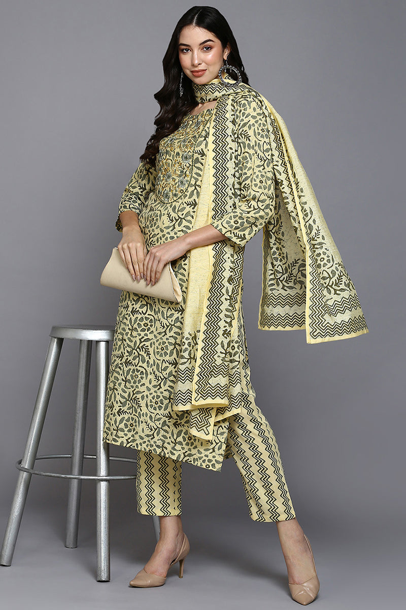 Yellow Silk Blend Floral Straight Suit Set VKSKD1865