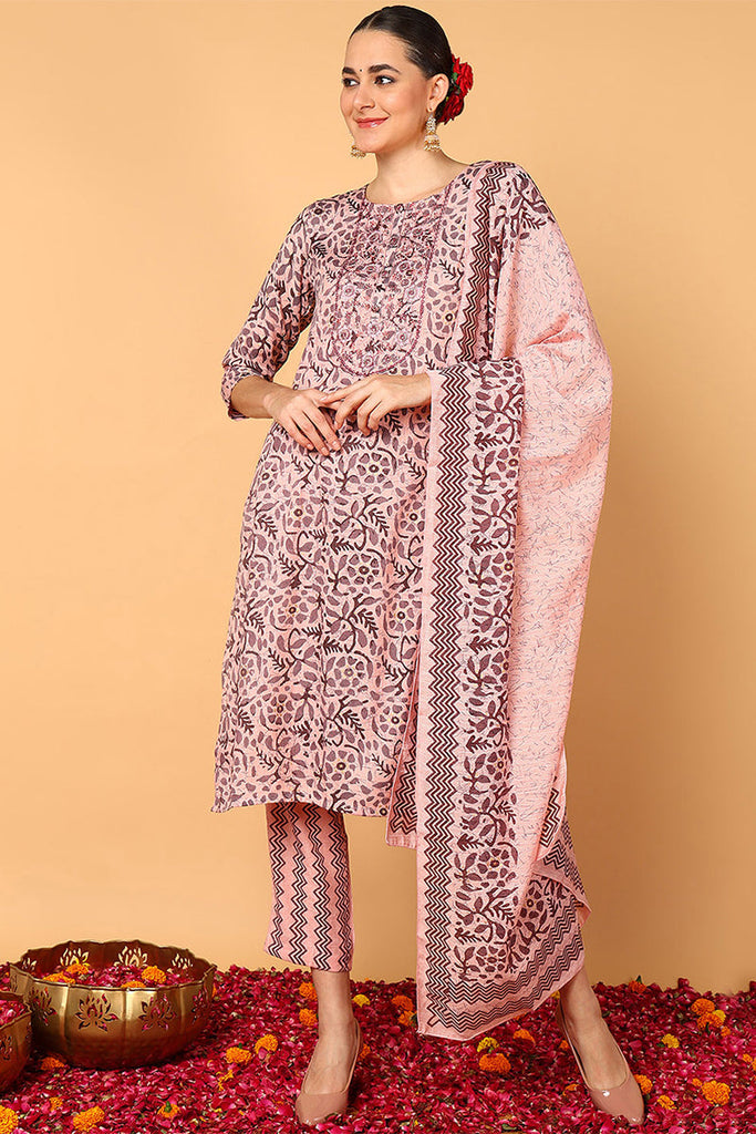 Pink Silk Blend Floral Printed Straight Style Suit Set VKSKD1866