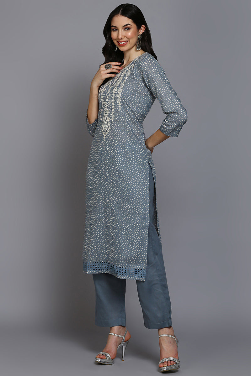 Grey Cotton Bandhani Straight Suit Set VKSKD1873