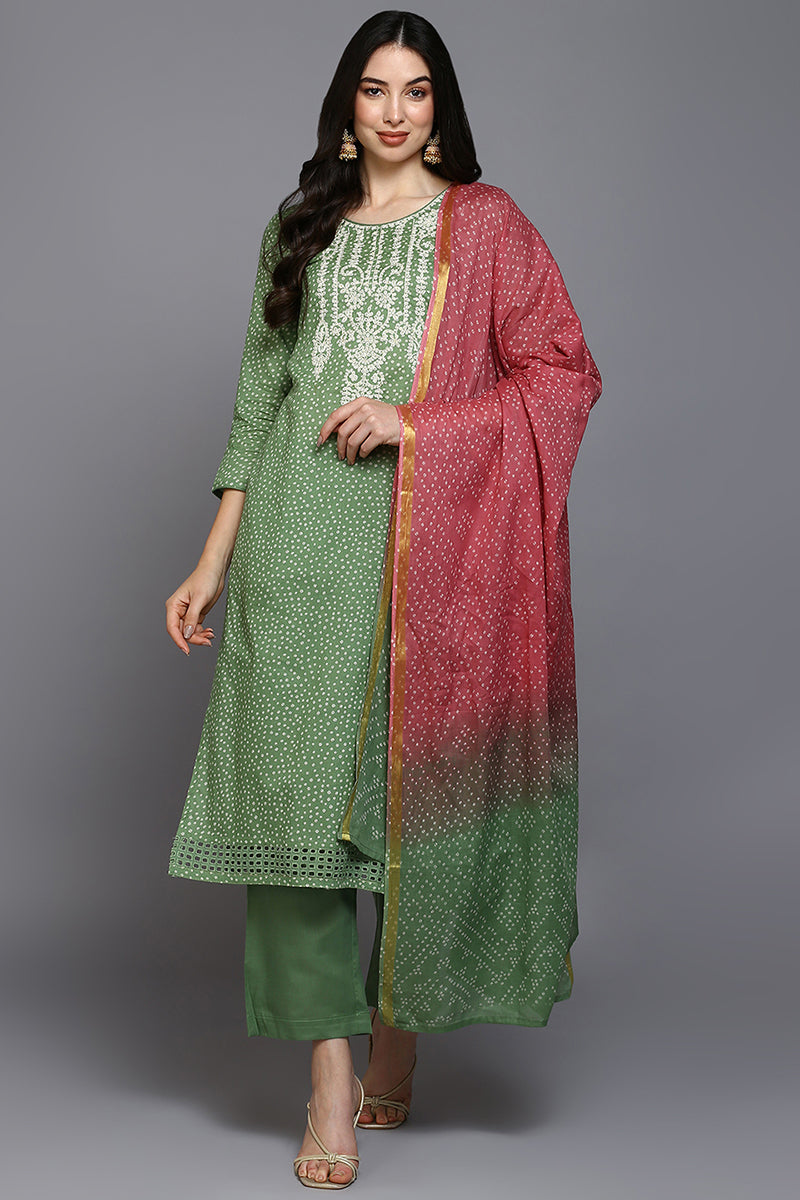 Green Cotton Bandhani Straight Suit Set VKSKD1874