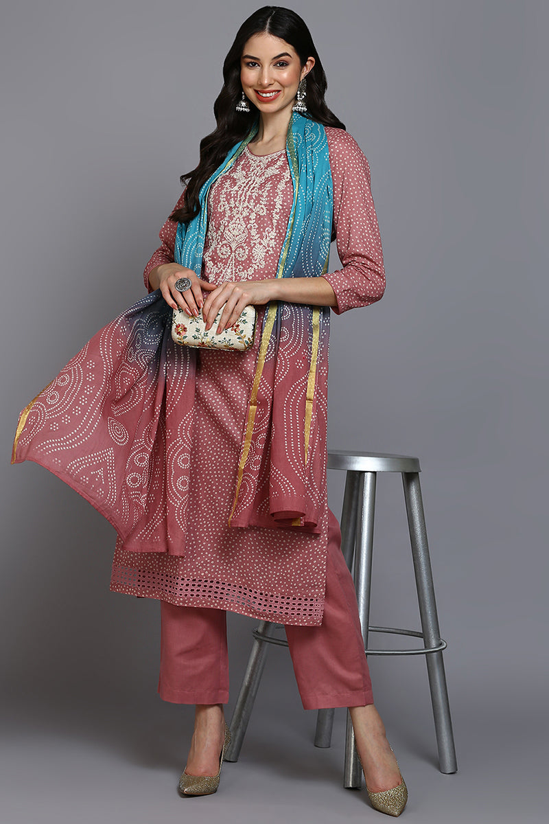 Pink Cotton Bandhani Straight Suit Set VKSKD1875