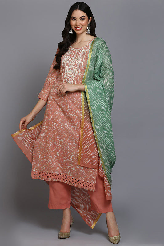 Peach Cotton Bandhani Straight Suit Set VKSKD1876