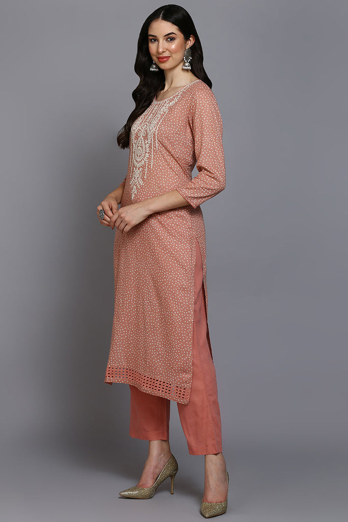 Peach Cotton Bandhani Straight Suit Set VKSKD1876