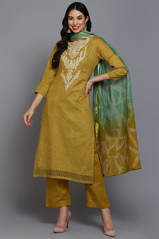 Mustard Cotton Bandhani Straight Suit Set VKSKD1877