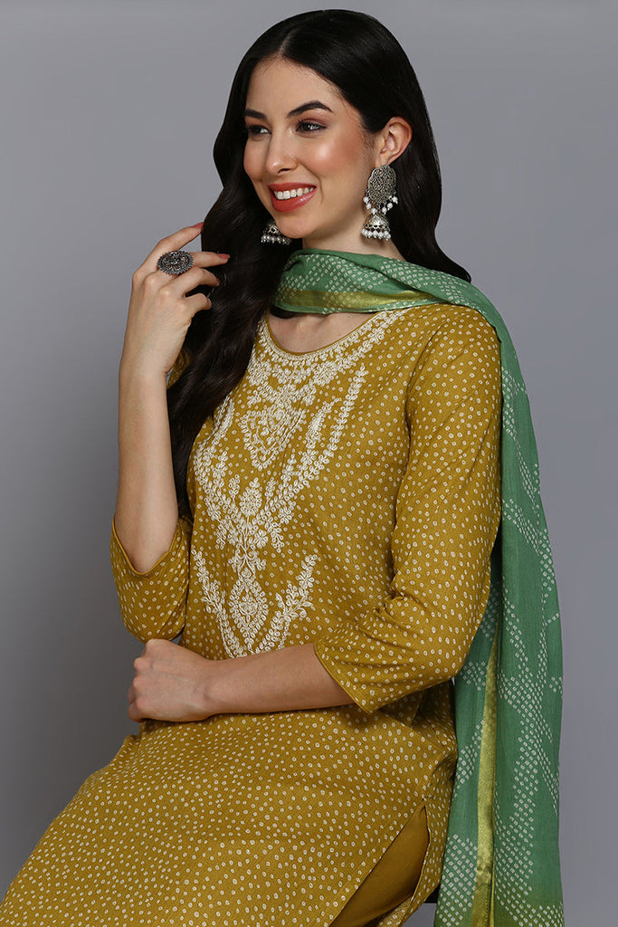 Mustard Cotton Bandhani Straight Suit Set VKSKD1877