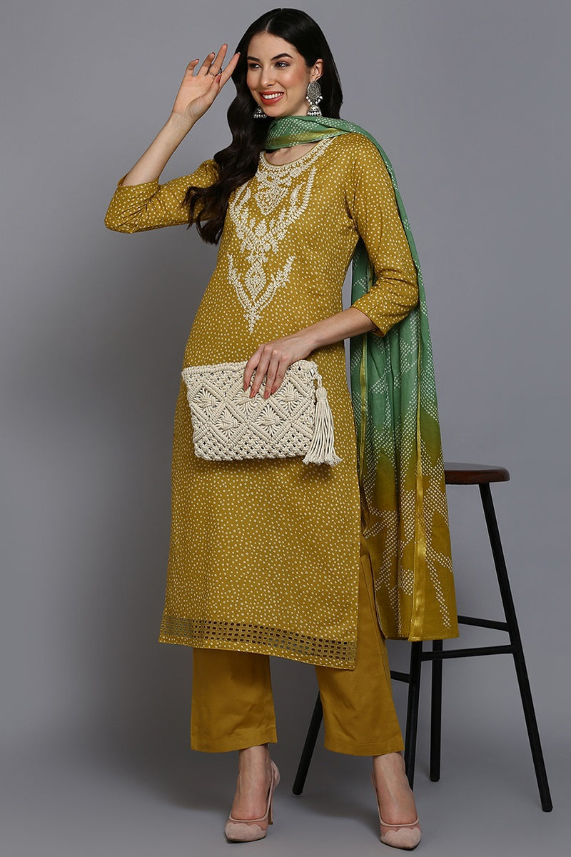 Mustard Cotton Bandhani Straight Suit Set VKSKD1877