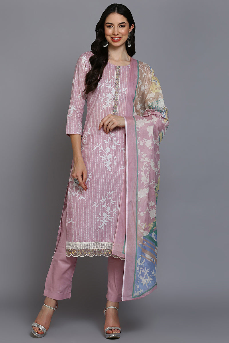 Pink Cotton Ethnic Motifs Straight Suit Set VKSKD1878