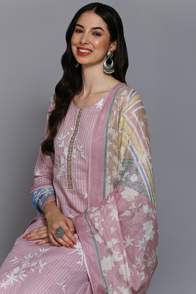 Pink Cotton Ethnic Motifs Straight Suit Set VKSKD1878