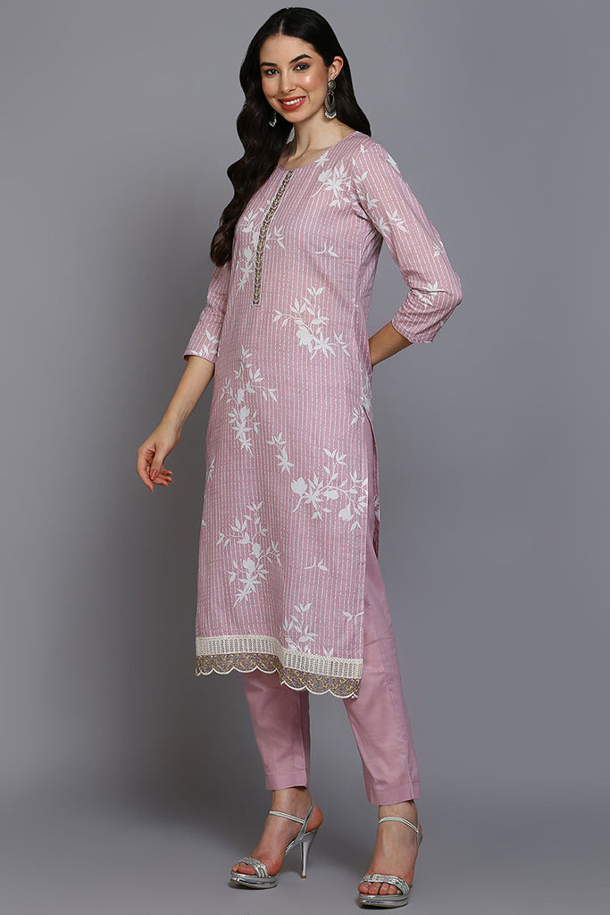 Pink Cotton Ethnic Motifs Straight Suit Set VKSKD1878