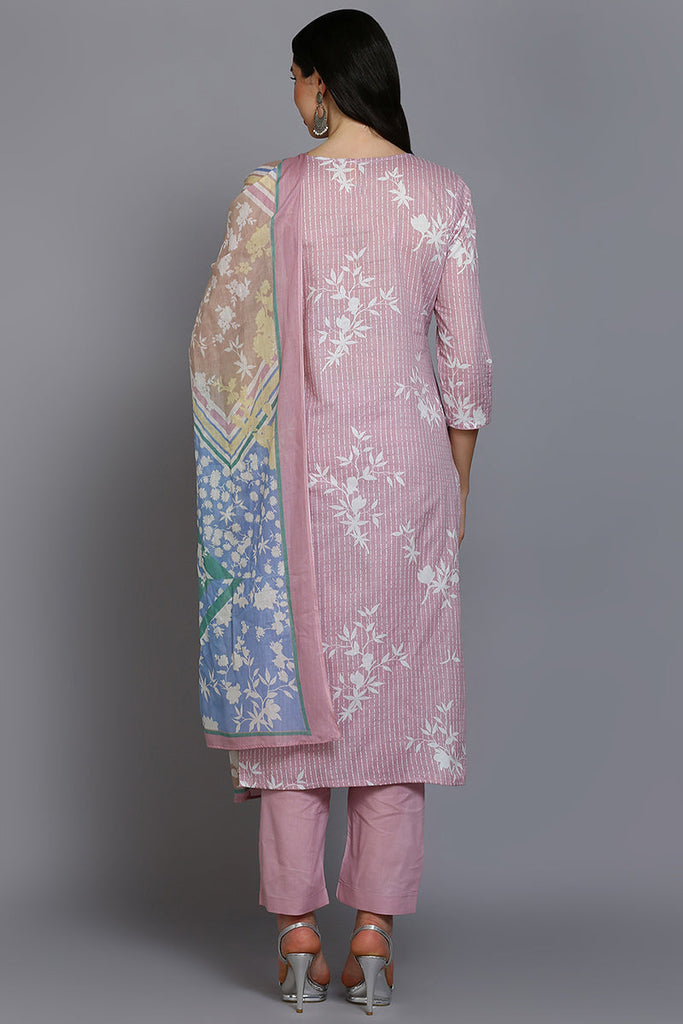 Pink Cotton Ethnic Motifs Straight Suit Set VKSKD1878