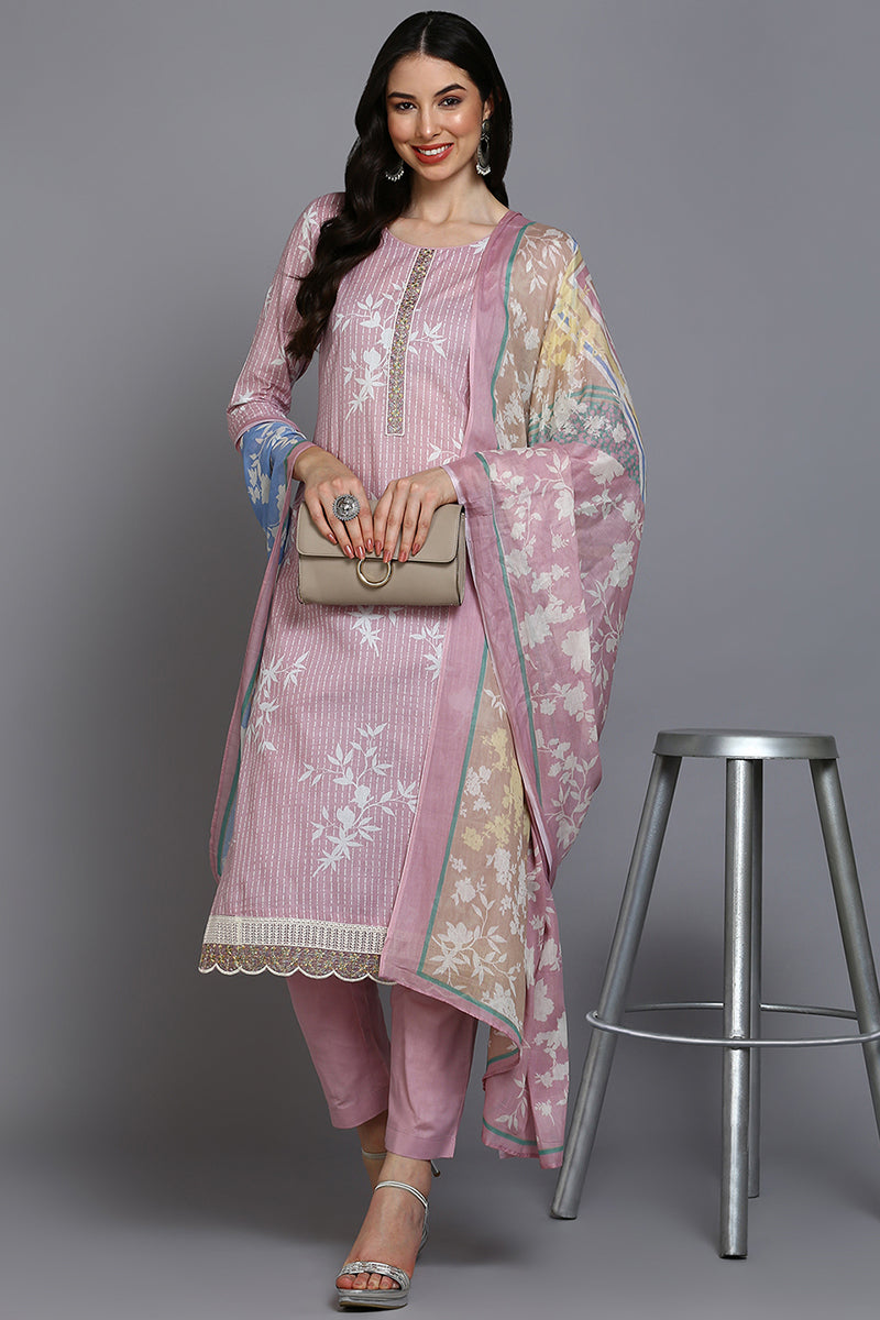 Pink Cotton Ethnic Motifs Straight Suit Set VKSKD1878