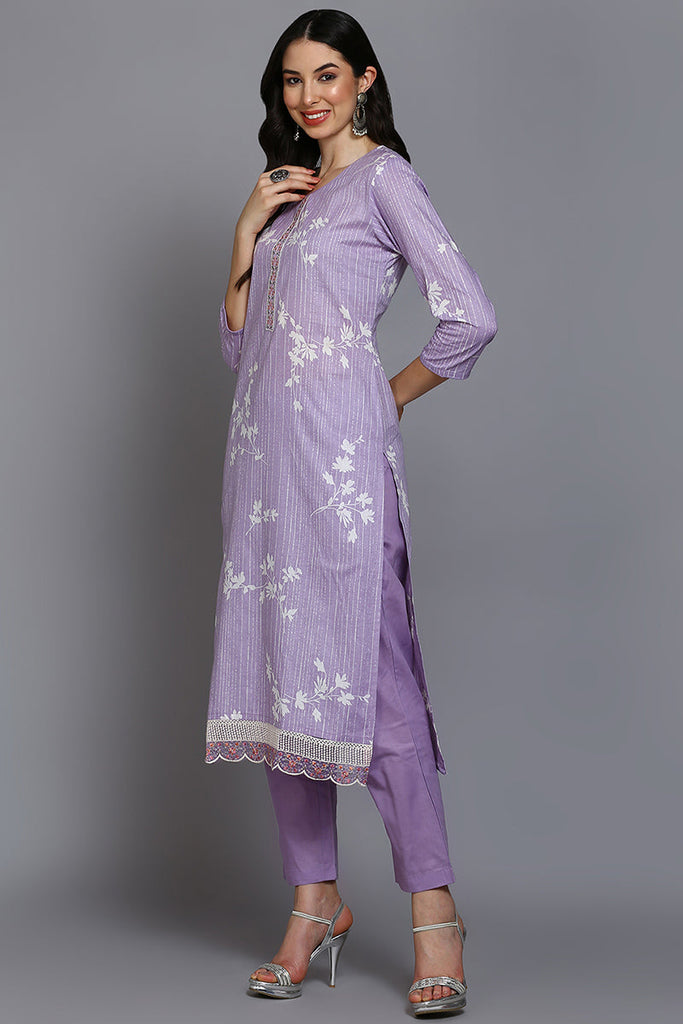 Lavender Cotton Floral Straight Suit Set VKSKD1881