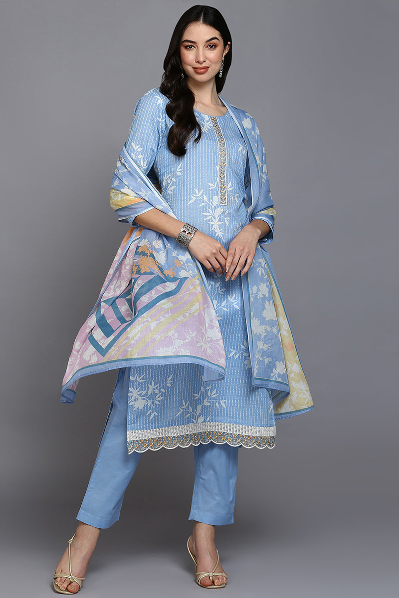 Blue Cotton Blend Ethnic Motifs Straight Suit Set VKSKD1883