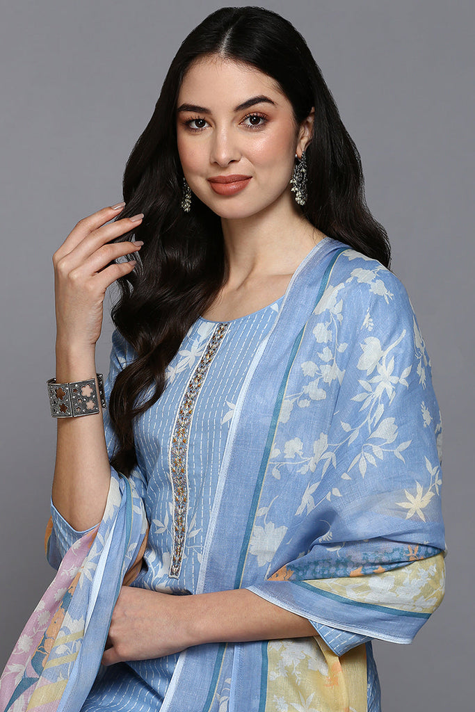 Blue Cotton Blend Ethnic Motifs Straight Suit Set VKSKD1883