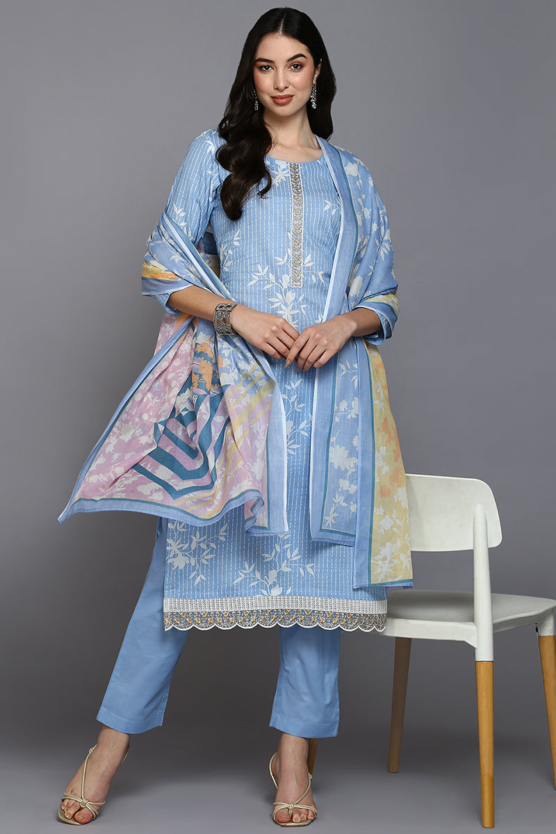 Blue Cotton Blend Ethnic Motifs Straight Suit Set VKSKD1883