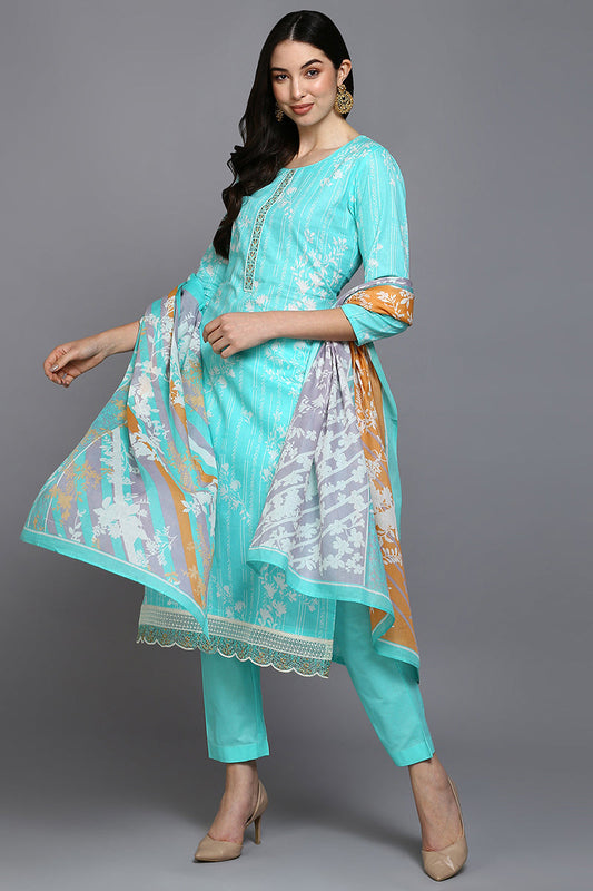 Turquoise Blue Cotton Blend Floral Straight Suit Set VKSKD1885