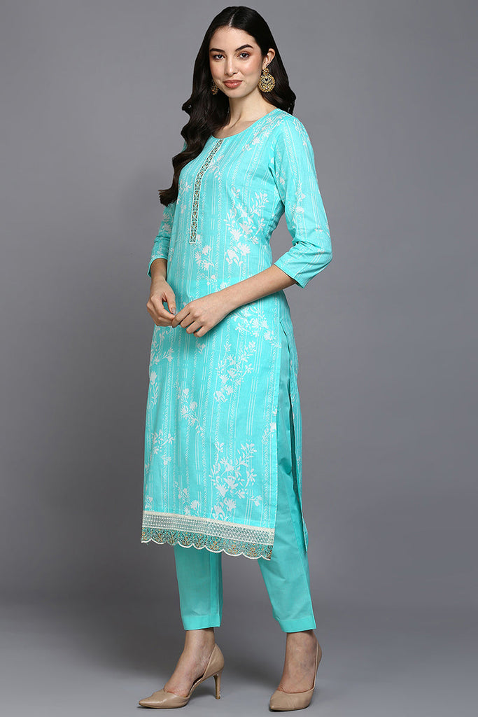 Turquoise Blue Cotton Blend Floral Straight Suit Set VKSKD1885