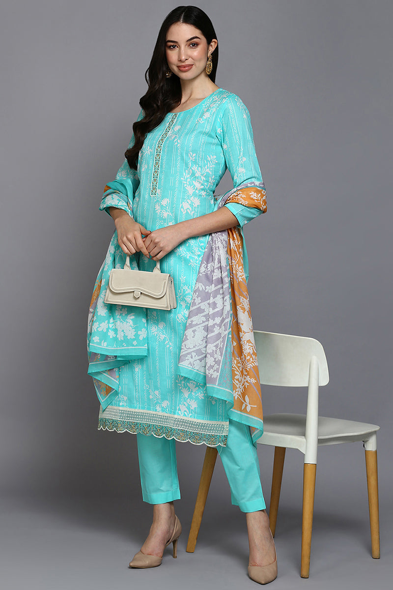 Turquoise Blue Cotton Blend Floral Straight Suit Set VKSKD1885