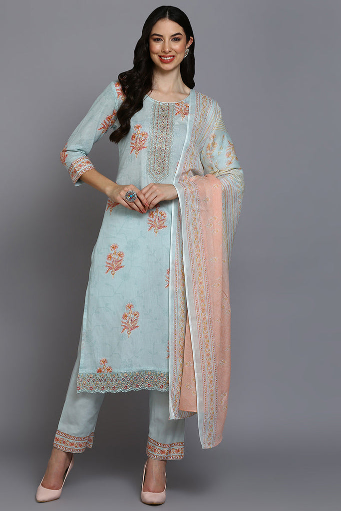 Blue Cotton Blend Floral Straight Suit Set VKSKD1886