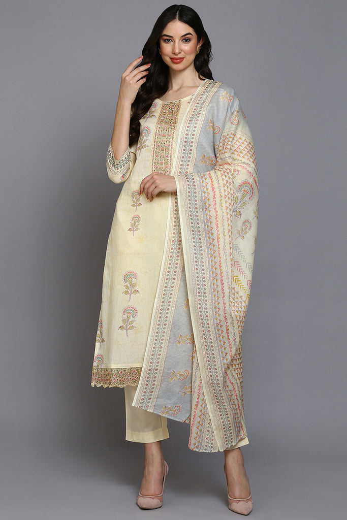 Cotton Blend Lemon Yellow Printed Straight Kurta Pant With Dupatta VKSKD1888