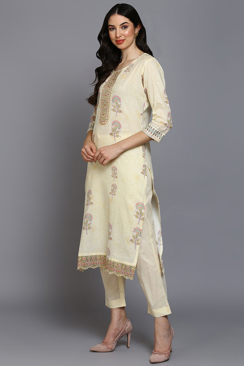 Cotton Blend Lemon Yellow Printed Straight Kurta Pant With Dupatta VKSKD1888