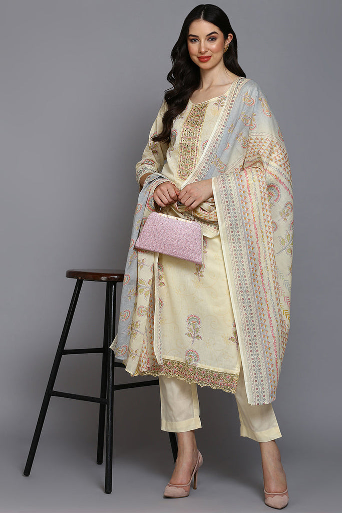 Cotton Blend Lemon Yellow Printed Straight Kurta Pant With Dupatta VKSKD1888