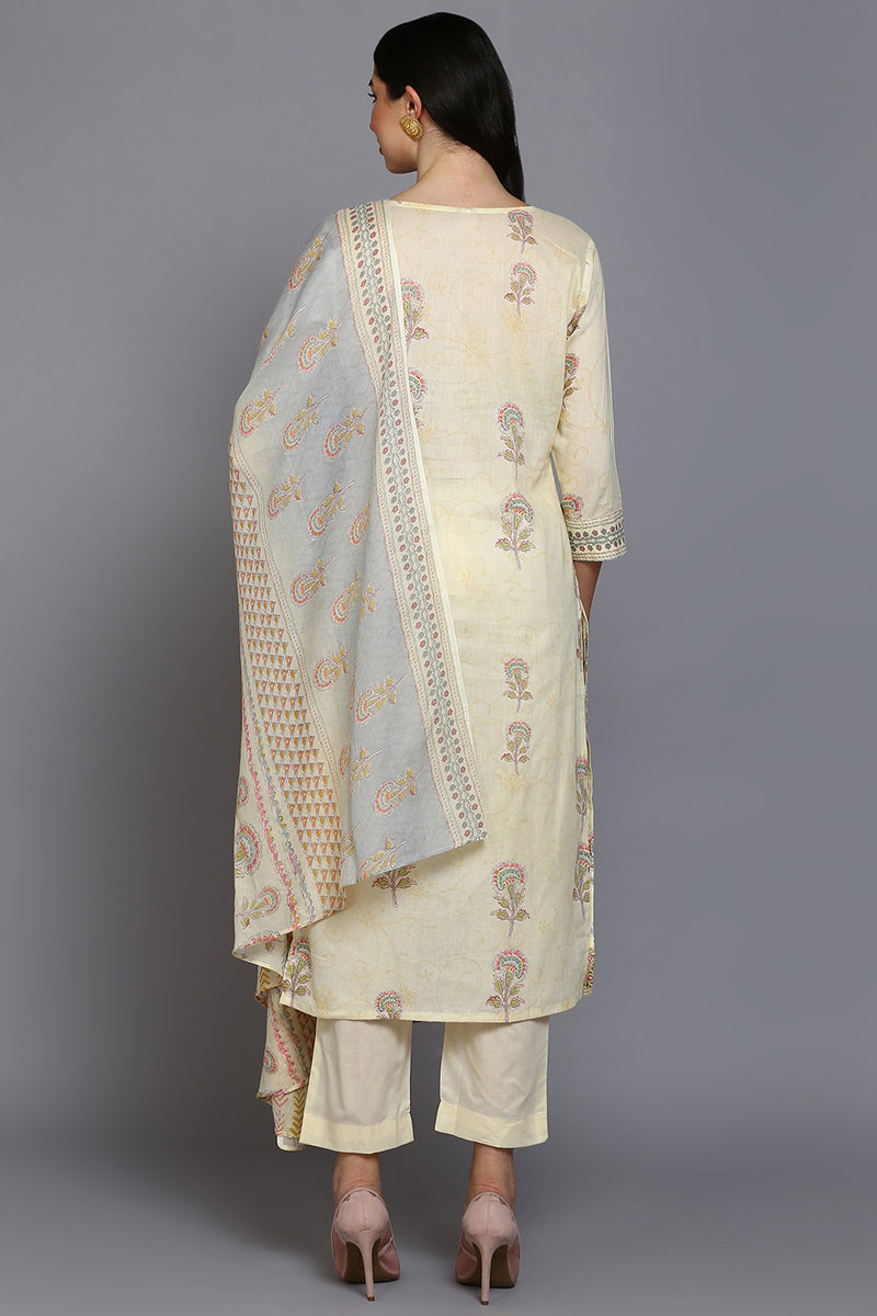 Cotton Blend Lemon Yellow Printed Straight Kurta Pant With Dupatta VKSKD1888