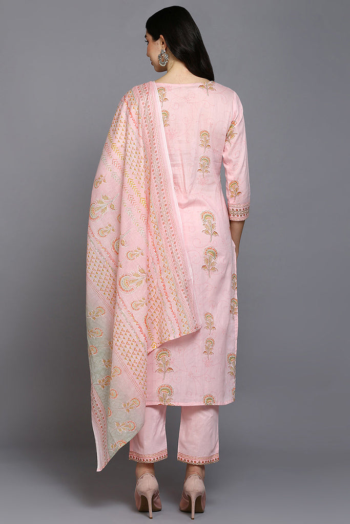 Pink Cotton Blend Floral Straight Suit Set VKSKD1889