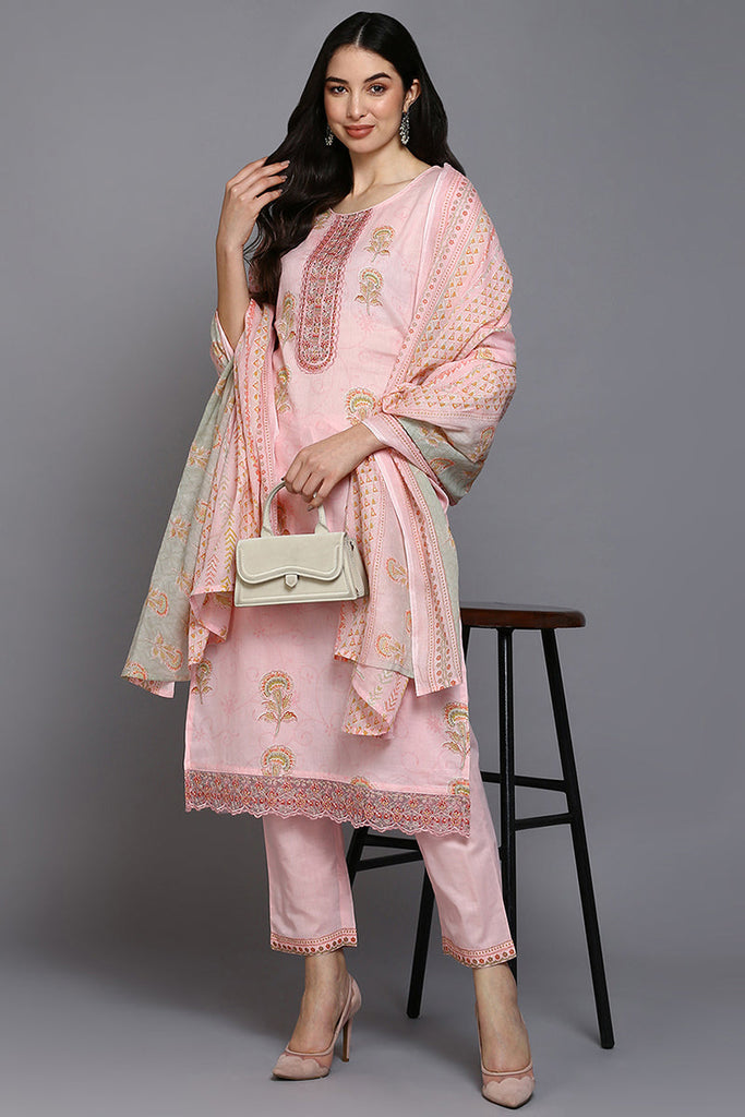 Pink Cotton Blend Floral Straight Suit Set VKSKD1889