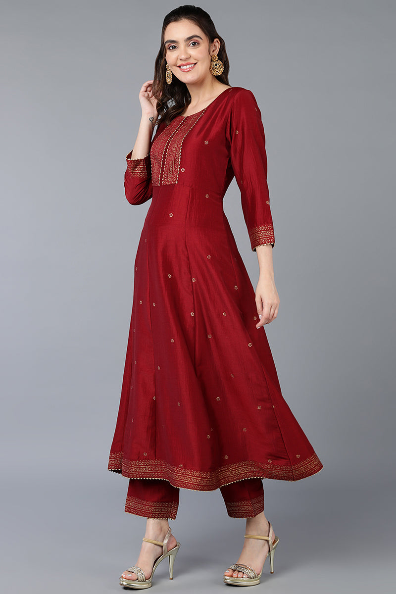 Maroon Silk Blend Rogan Work Flared Suit Set VKSKD1897