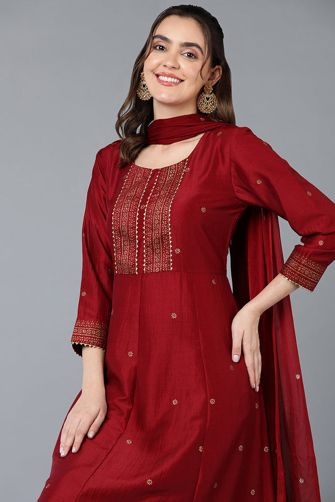 Maroon Silk Blend Rogan Work Flared Suit Set VKSKD1897