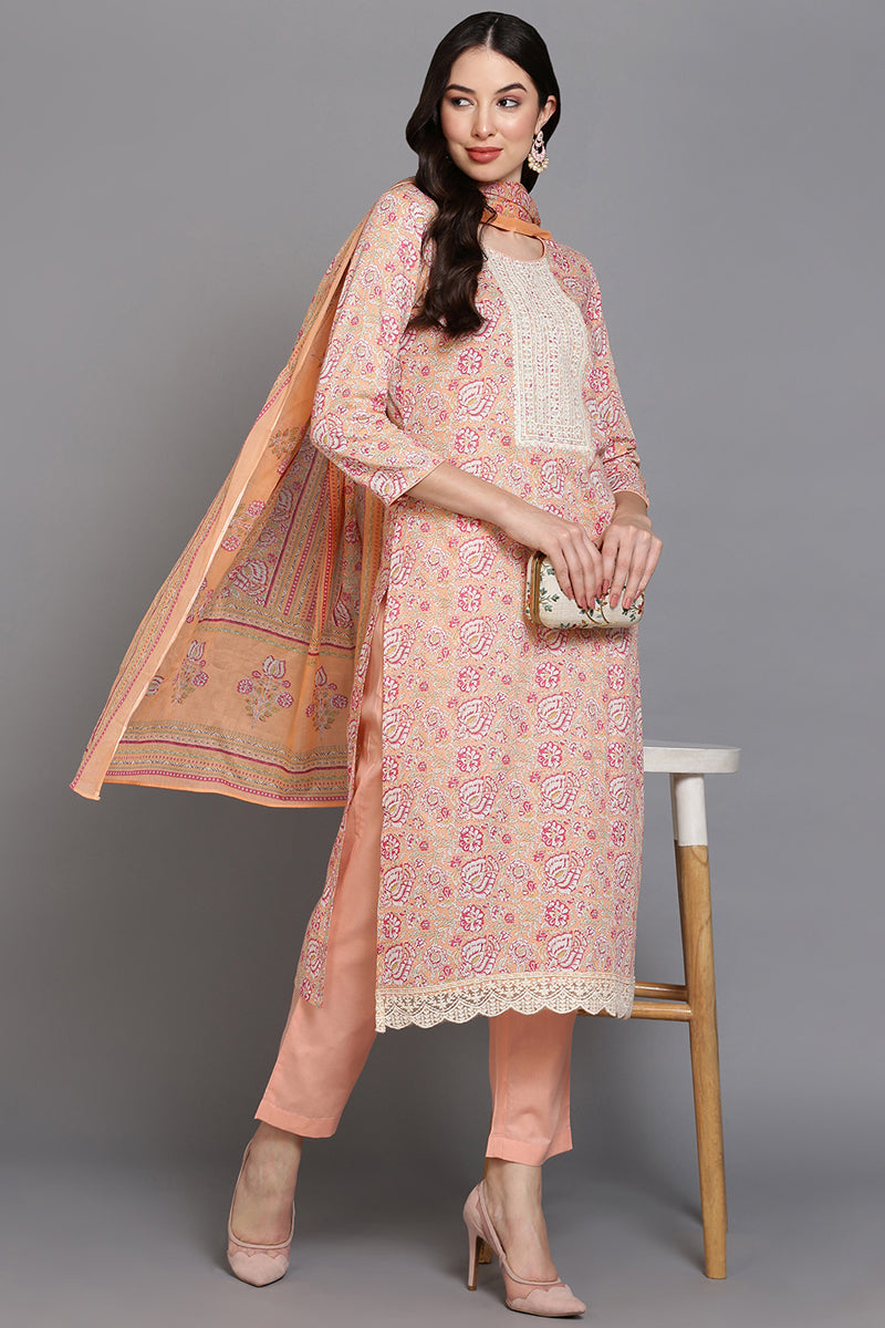 Cotton Blend Peach Printed Straight Kurta Pant With Dupatta VKSKD1903