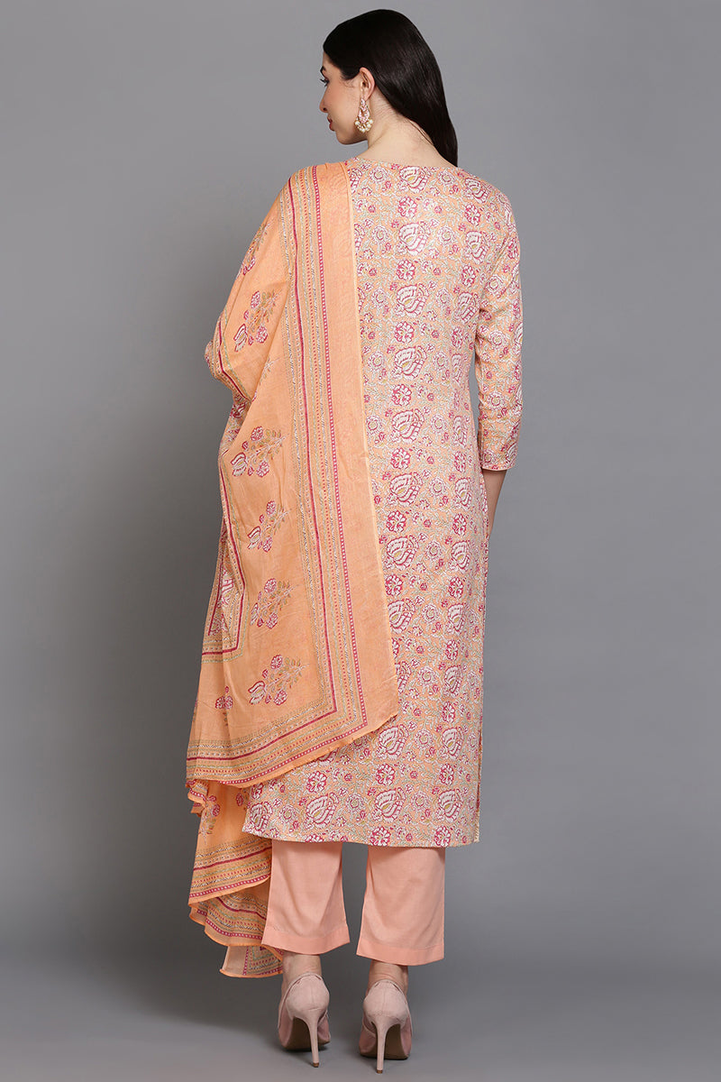 Cotton Blend Peach Printed Straight Kurta Pant With Dupatta VKSKD1903