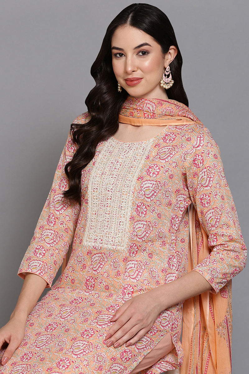 Cotton Blend Peach Printed Straight Kurta Pant With Dupatta VKSKD1903