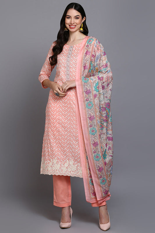 Cotton Peach Printed Straight Kurta Pant With Dupatta VKSKD1907