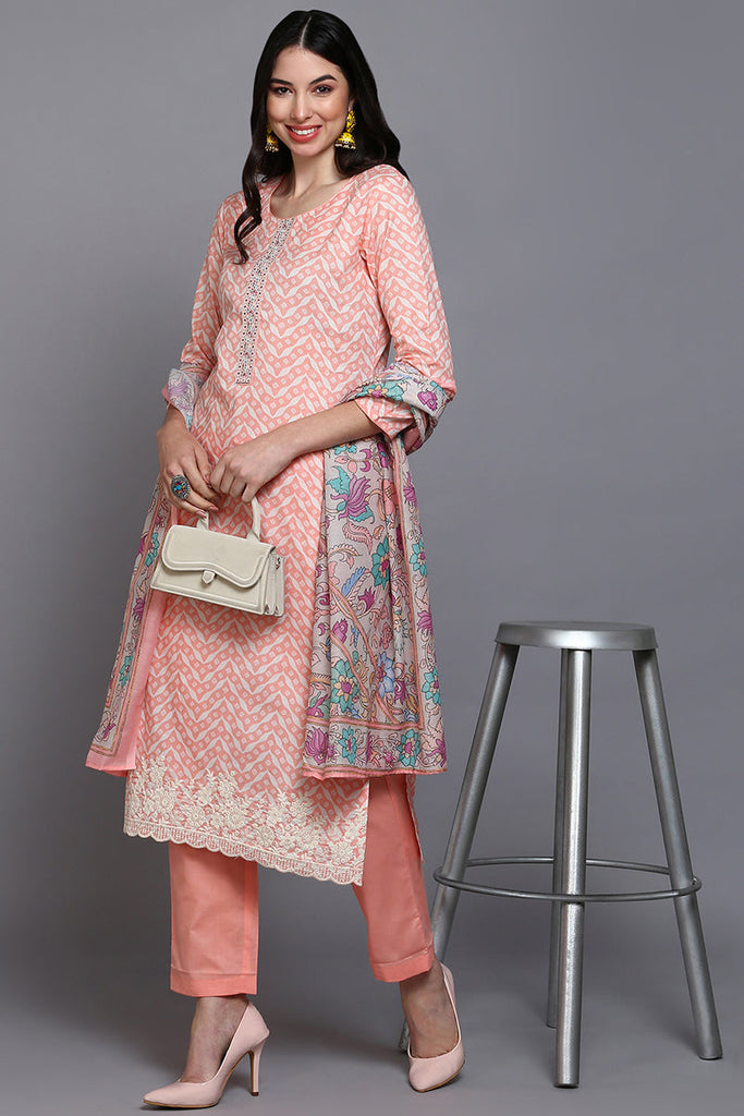 Cotton Peach Printed Straight Kurta Pant With Dupatta VKSKD1907