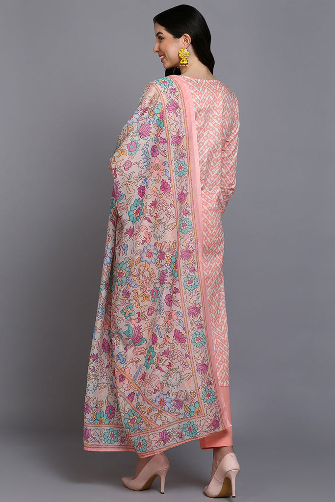 Cotton Peach Printed Straight Kurta Pant With Dupatta VKSKD1907