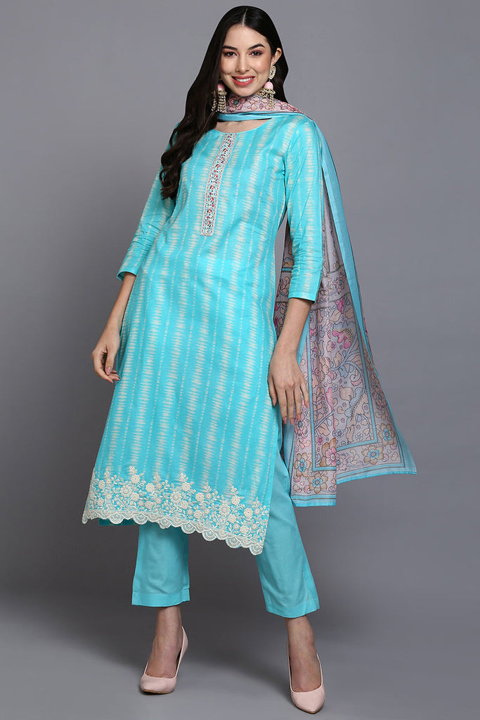 Rayon Blend Turquoise Blue Printed Straight Kurta Pant With Dupatta VKSKD1908