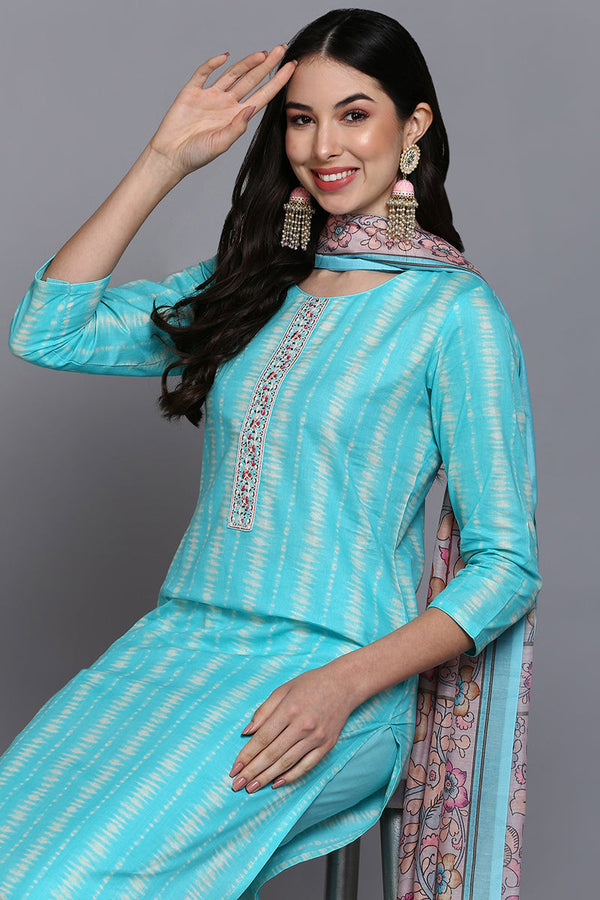 Rayon Blend Turquoise Blue Printed Straight Kurta Pant With Dupatta VKSKD1908