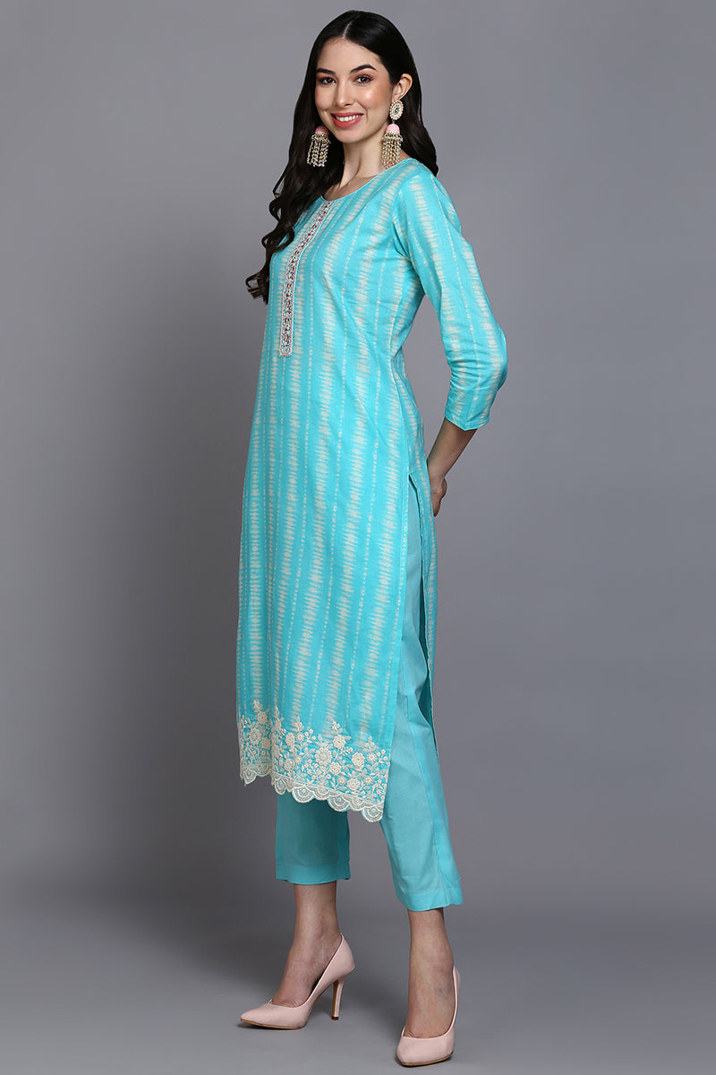 Rayon Blend Turquoise Blue Printed Straight Kurta Pant With Dupatta VKSKD1908