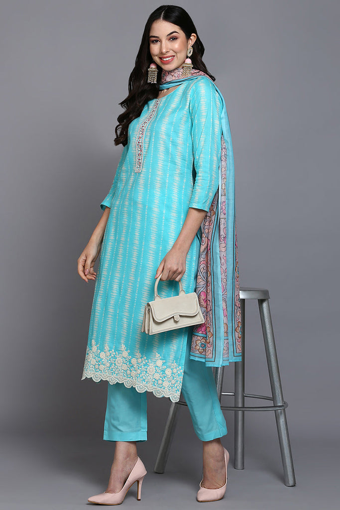 Rayon Blend Turquoise Blue Printed Straight Kurta Pant With Dupatta VKSKD1908