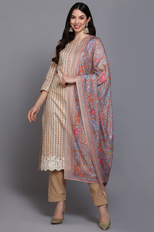 Cotton Beige Printed Straight Kurta Pant With Dupatta VKSKD1909