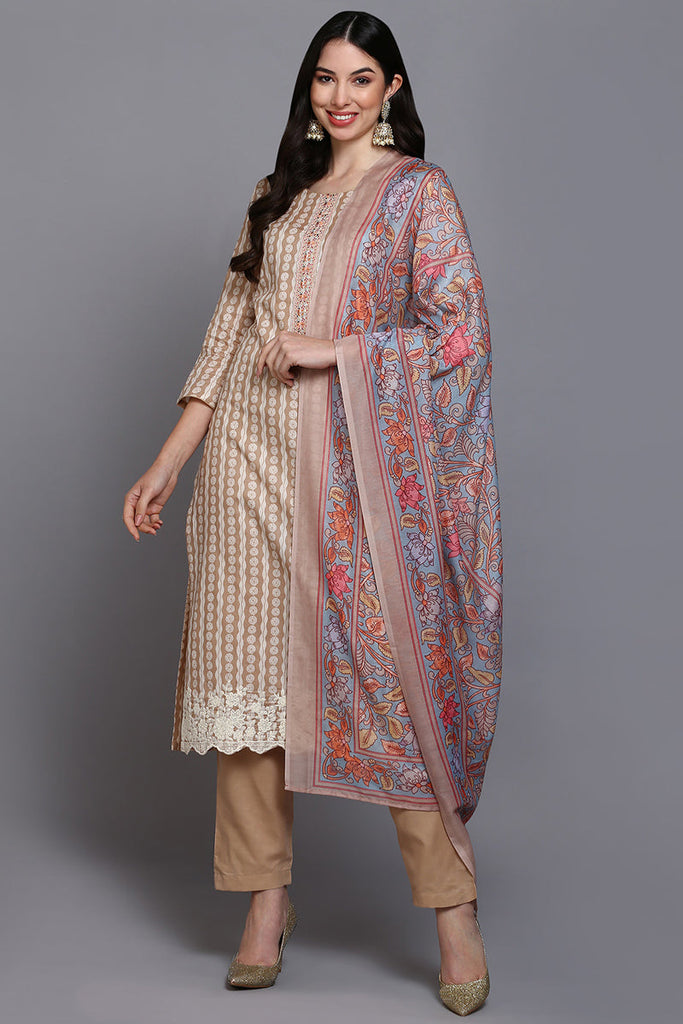 Cotton Beige Printed Straight Kurta Pant With Dupatta VKSKD1909