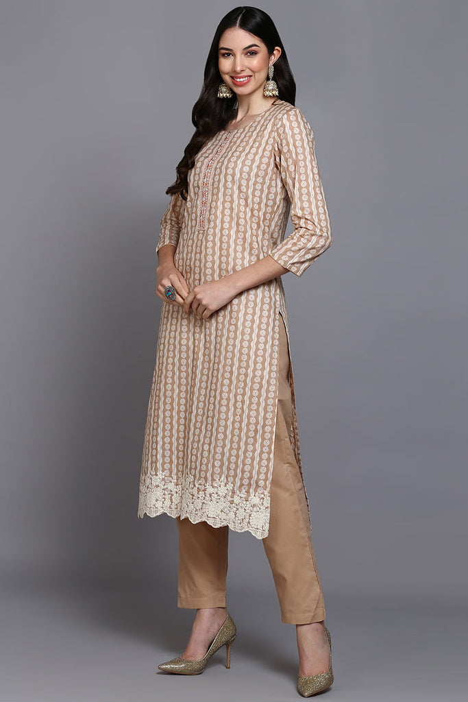 Cotton Beige Printed Straight Kurta Pant With Dupatta VKSKD1909