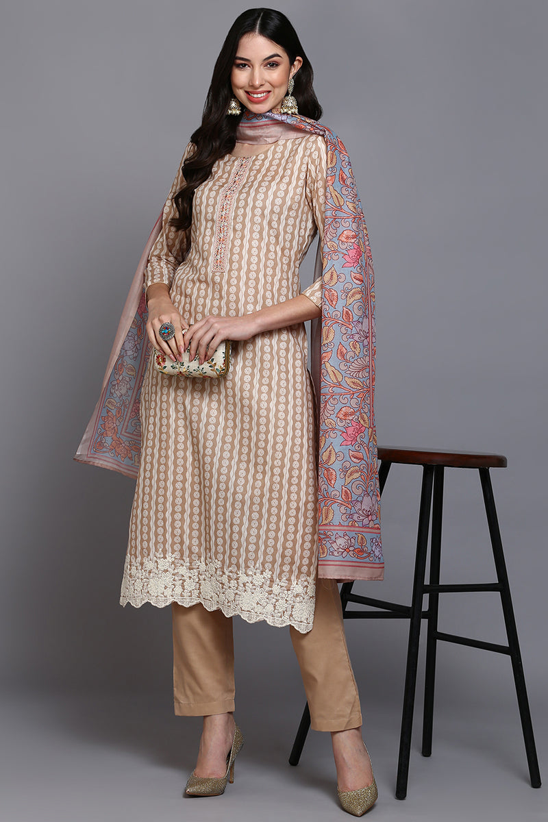 Cotton Beige Printed Straight Kurta Pant With Dupatta VKSKD1909