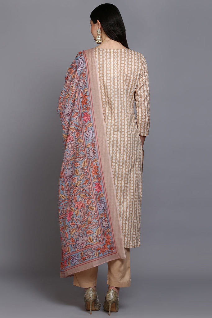 Cotton Beige Printed Straight Kurta Pant With Dupatta VKSKD1909