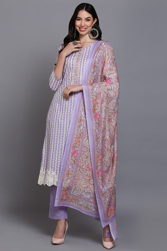 Rayon Blend Lavender Printed Straight Kurta Pant With Dupatta VKSKD1910